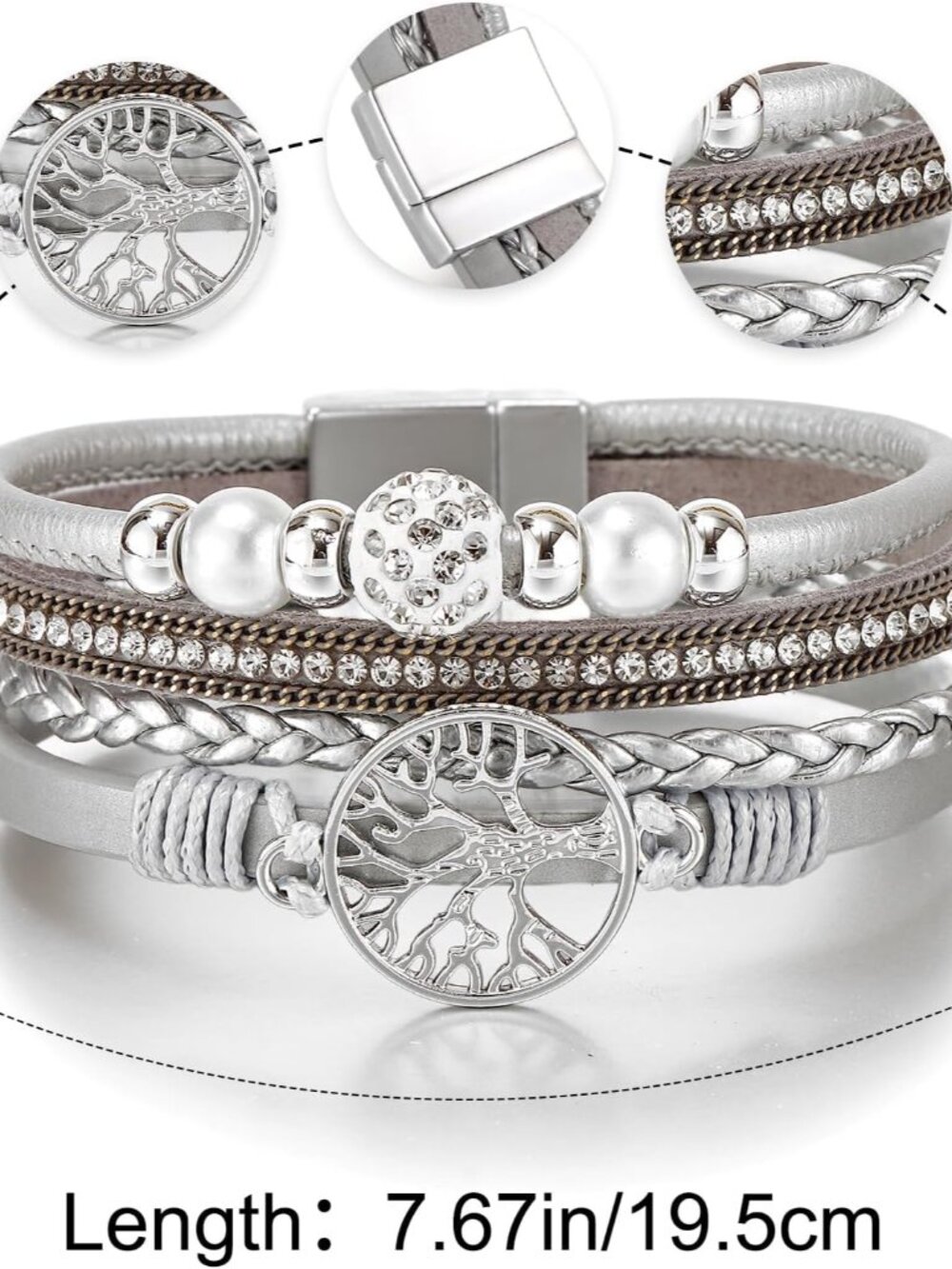 Leather Wrap Bracelet for Women, Boho Handmade Multi-Layer Cuff with Crystal Bea - Picture 7 of 7